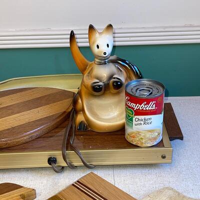 Lot 131 Group 3 Cutting Boards, Trick Wine Bottle Stand Kangaroo Dresser Caddy