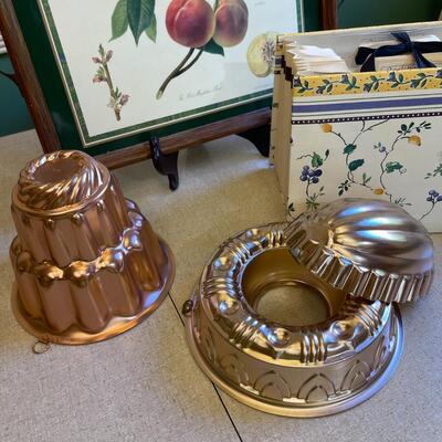 Lot 136 Copper Jello Molds (3) Recipe Folder + 18" Serving Tray Framed