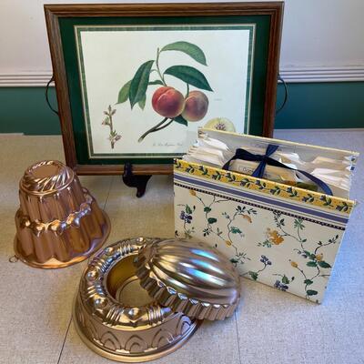 Lot 136 Copper Jello Molds (3) Recipe Folder + 18" Serving Tray Framed