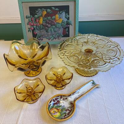 Lot 142 Vintage Glass Centerpiece Bowl  & Candles + Cake Stand + Spoon Rest + Fruit Picture