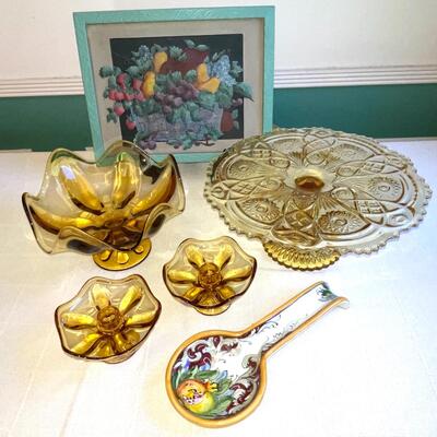 Lot 142 Vintage Glass Centerpiece Bowl  & Candles + Cake Stand + Spoon Rest + Fruit Picture