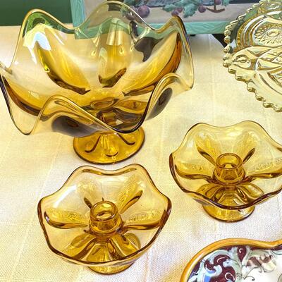 Lot 142 Vintage Glass Centerpiece Bowl  & Candles + Cake Stand + Spoon Rest + Fruit Picture