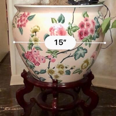 Chinese pot with tall artificial tree