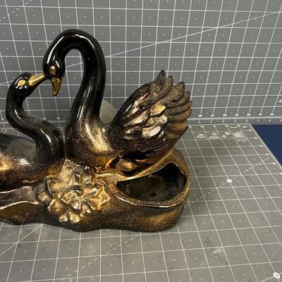 Royal Fleet Double Swan Black Gold Lamp with Planter 