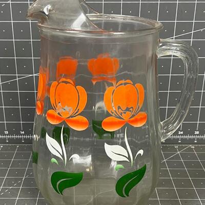 Vintage Glass Water Pitcher with Orange Flowers