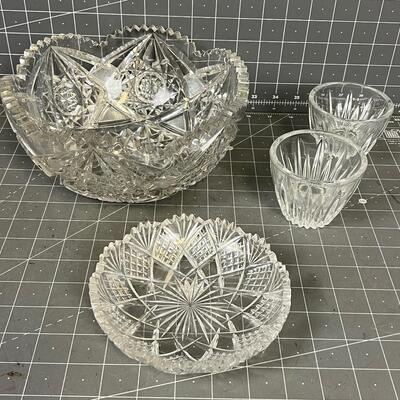 Cut Glass, Heavy Lead Crystal Bowl, Dish and 2 votives 
