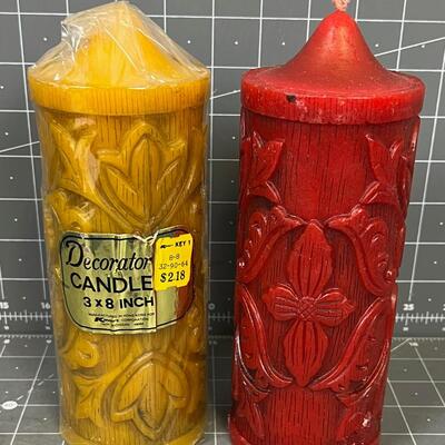2 Vintage Candles Gold and Red Decorative 