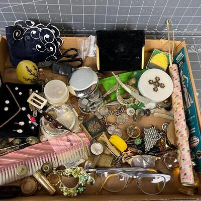 Grandmas Junk Drawer Clean Out: Hankies, pins, buttons, Jewelry etc.