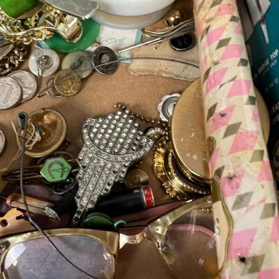 Grandmas Junk Drawer Clean Out: Hankies, pins, buttons, Jewelry etc.