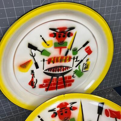 Enameled Bowl and Serving Tray White with Multi Colored BBQ Scenes 
