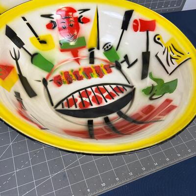 Enameled Bowl and Serving Tray White with Multi Colored BBQ Scenes 