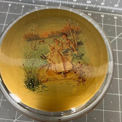 Covered Glass Dish - Gold Toned 