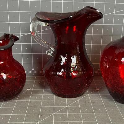 3 Pieces of Red Crackle Glass 