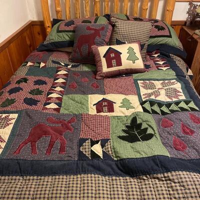Wooden headboard, full mattress and bedding set