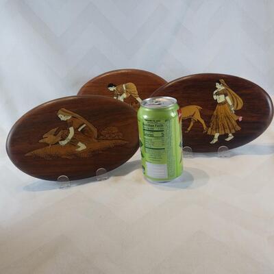 Trio of Inlaid Indian Life Wall Art