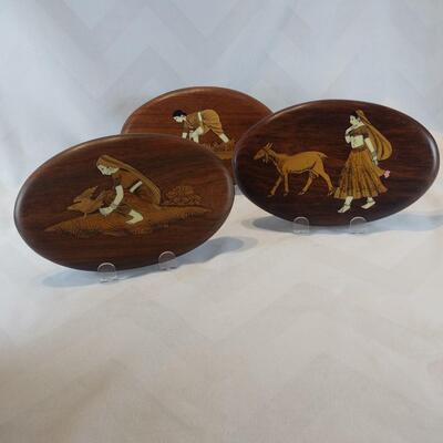 Trio of Inlaid Indian Life Wall Art