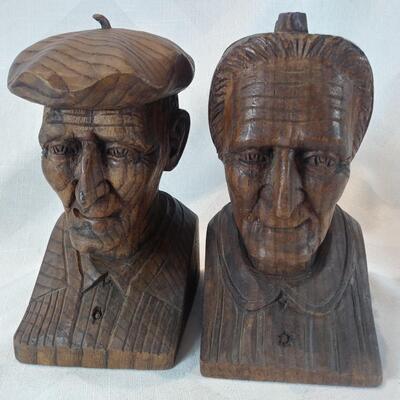 Artist Signed, Hand-Carved Wooden Busts