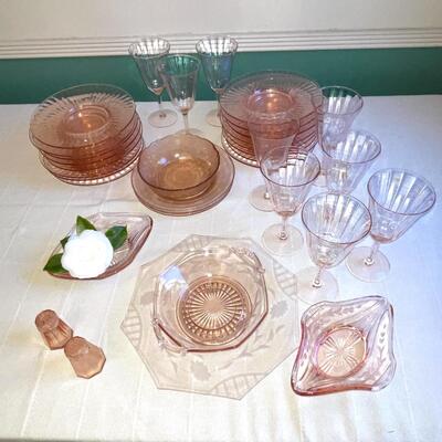 Lot 146 Group Pink Depression Glass Dishes Old & New Plates Bowls Goblets