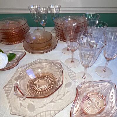 Lot 146 Group Pink Depression Glass Dishes Old & New Plates Bowls Goblets