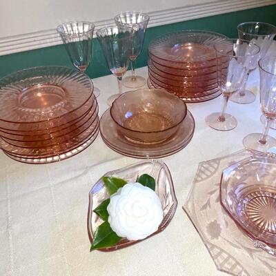 Lot 146 Group Pink Depression Glass Dishes Old & New Plates Bowls Goblets