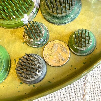 Lot 151 Collection of Flower Arrangement Frogs Glass Metal Pottery + Keyes Tray