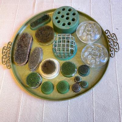 Lot 151 Collection of Flower Arrangement Frogs Glass Metal Pottery + Keyes Tray
