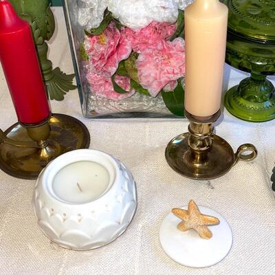 Lot 152 Large Glass Apothecary Jar + Assorted Candles + Fostoria Green Covered Candy Dish