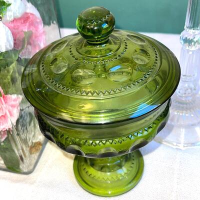 Lot 152 Large Glass Apothecary Jar + Assorted Candles + Fostoria Green Covered Candy Dish