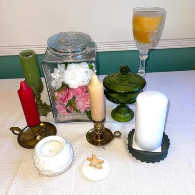 Lot 152 Large Glass Apothecary Jar + Assorted Candles + Fostoria Green Covered Candy Dish