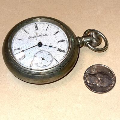 Lot 156 Antique Fat Pocket Watch Elgin Watch Co.  Silver Tone Case Porcelain Face