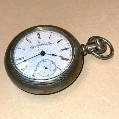 Lot 156 Antique Fat Pocket Watch Elgin Watch Co.  Silver Tone Case Porcelain Face