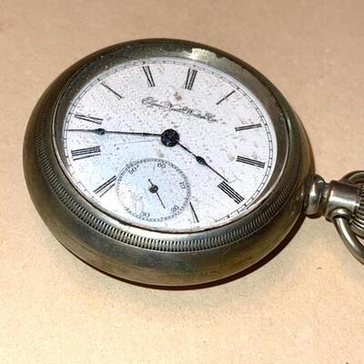 Lot 156 Antique Fat Pocket Watch Elgin Watch Co.  Silver Tone Case Porcelain Face