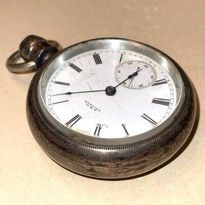 Lot 157 Antique Fat Pocket Watch A.W. Co. Waltham MA. Porcelain Face Roman Numerals