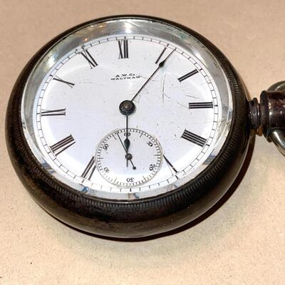 Lot 157 Antique Fat Pocket Watch A.W. Co. Waltham MA. Porcelain Face Roman Numerals