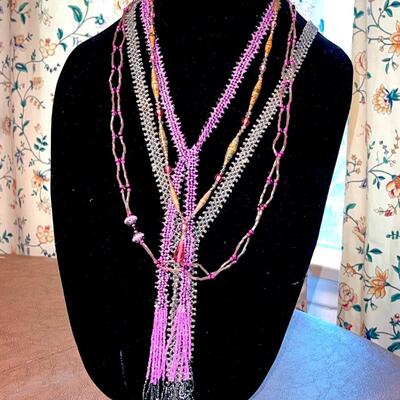 Lot 164 Antique Necklaces 4 Handmade Beaded Paper Wrapped Beads, Crystal Pink Silver Tone