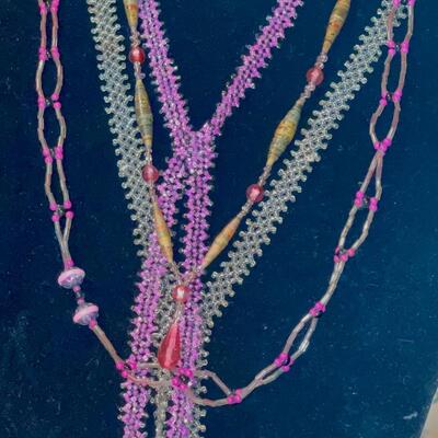 Lot 164 Antique Necklaces 4 Handmade Beaded Paper Wrapped Beads, Crystal Pink Silver Tone