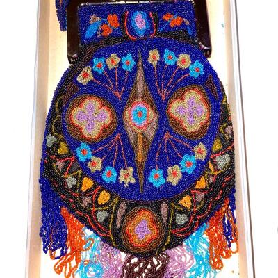 Lot 168 Antique Beaded Bag w/Beaded Fringe Faux Tortoise Shell Frame