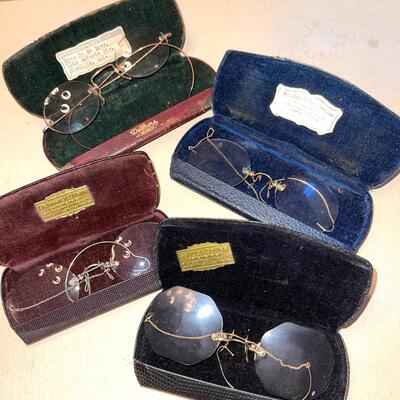 Lot 169 Group 5 pairs Antique Eyeglasses Rimless Chain-Ear Hook Gold Filled Wire Frames