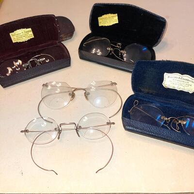 Lot 169 Group 5 pairs Antique Eyeglasses Rimless Chain-Ear Hook Gold Filled Wire Frames