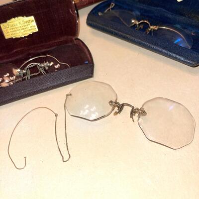 Lot 169 Group 5 pairs Antique Eyeglasses Rimless Chain-Ear Hook Gold Filled Wire Frames
