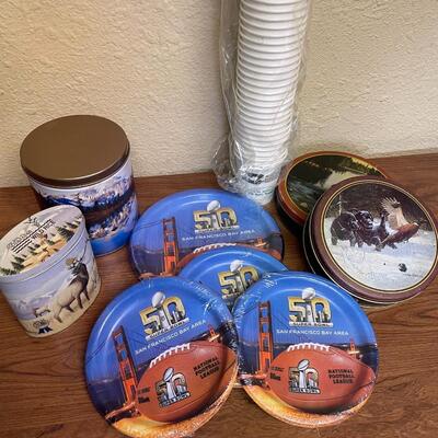 Misc Super Bowl plates, BNSF cups and tins