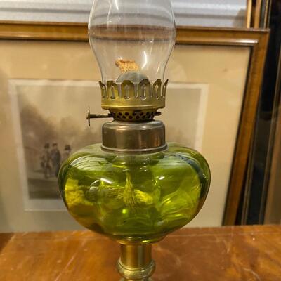 Brass candlestick green blown glass oil lamp