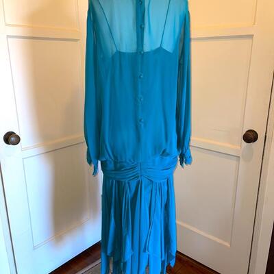 Lot 180 Teal Chiffon Retro Style Dressy Dress Handkerchief Hem Drop Waist Button Back