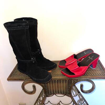 Lot 198 Pair Black Sued Moccasin Boots 7.5 & Red Leather Mules Pablo 7.5