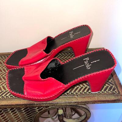 Lot 198 Pair Black Sued Moccasin Boots 7.5 & Red Leather Mules Pablo 7.5