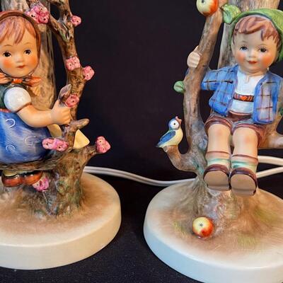 Pair Vintage Hummel lamps Apple Tree Boy n Girl TMK-5 w shades