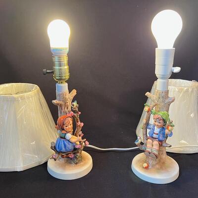 Pair Vintage Hummel lamps Apple Tree Boy n Girl TMK-5 w shades