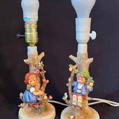 Pair Vintage Hummel lamps Apple Tree Boy n Girl TMK-5 w shades