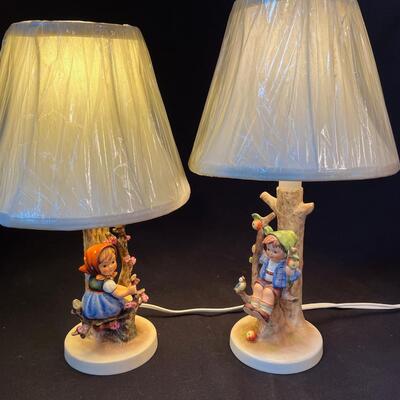 Pair Vintage Hummel lamps Apple Tree Boy n Girl TMK-5 w shades