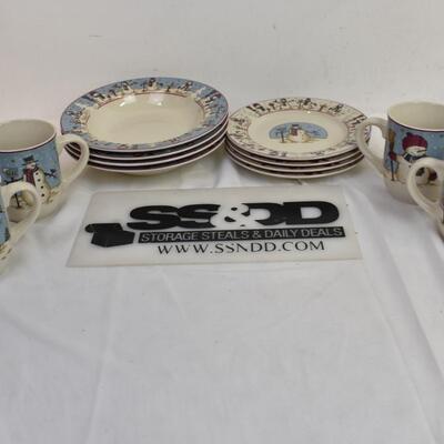 Snowman Serenade Dinnerware Set of 12: Soup Bowls, Salad Plates, Unique Mugs